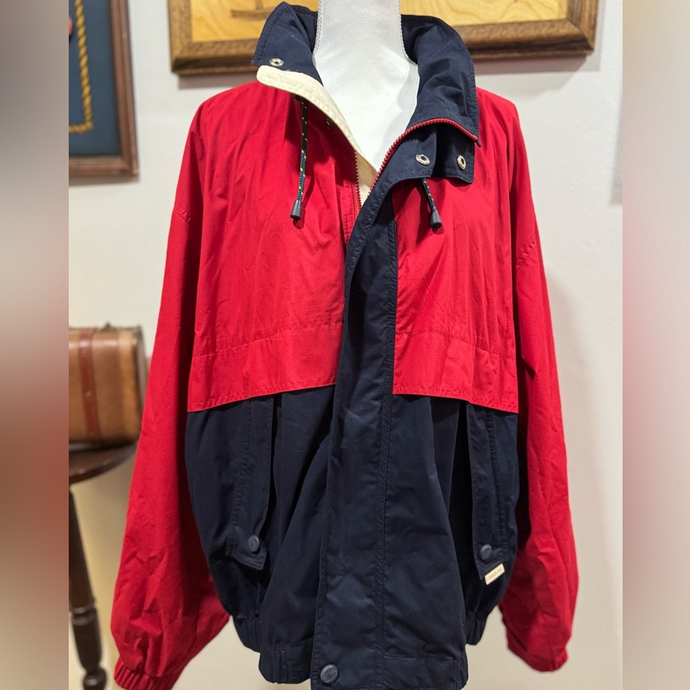 VTG London Fog men zip up wind breaker lined XXL red/blue pockets hood nautical